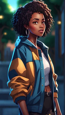 twenty year old black girl with short hairs, with a jacket and casual clothes style, from head to toe, best quality, digital painting, 4k, sharp focus, intricate texture, skin imperfections, blank background. , interactive novel style,bokeh, professional, anime clean drawing,Your Name, 4k, highly detailed, clear lighting,