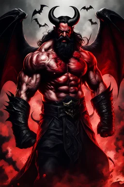 old man, black beard, angry, muscle, skin red , red body, black goat horns, black bat wings, long black haired, devil appearance, satan, diabolic scars, black old armor, hell background.