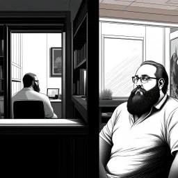 comicbook, 2 panels, black and white, in the left panel, a fat, bearded man watches the tv, (in the right panel, intricate illustration of a side angle view of the tv)