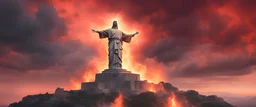 Hyper Realistic apocalyptic view of The statue of Christ the Redeemer & fireballs with red sky