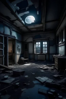 Zone abandonnée dans une maison abandonnée, nuit sombre, lune brillante