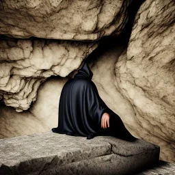 black-robed man sleeping on his back on a stone slab in a large cave