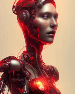 A beautiful portrait of a cyborg women red color scheme, high key lighting, volumetric light high details psychedelic background