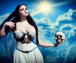 Very sensual gorgeous curvy young white woman brunette hair maiden dressed in blue posing sensually with plaits, and with a skull in her hand, background of ancient marble Roman arcs heavenly sunshine beams divine bright soft focus holy in the clouds steampunk engine steampunk engine.