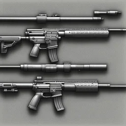 Full Blueprint sketch of one modern rifle with full stock and scope