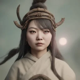 uma mulher japonesa maravilhosa, little fat, rosto muito detalhado, vestindo roupa viking, efeito de névoa, efeito de particulas