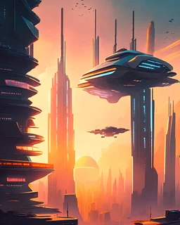 A futuristic, concept art-style illustration of a technologically advanced metropolis with towering, eco-friendly skyscrapers, interconnected by sky bridges and bustling with flying vehicles, set against a backdrop of a stunning sunset.