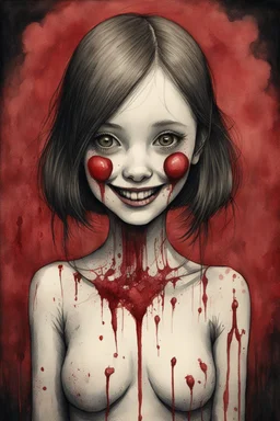 body anormal, smile blood, girl cute, watercolor illustration by <John Kenn Mortensen>, darkred tones,