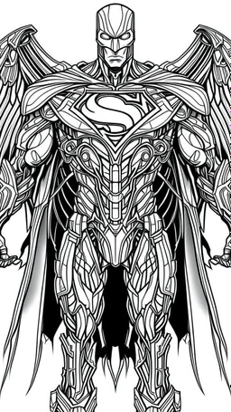 Facing front mechanical cyborg l Superman straddle wings detailed, intricate, mechanical, gears cogs cables wires circuits, gold silver chrome copper