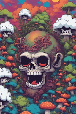 Psychedelic monkey skull looking high and grinning, surrounded by clouds and overgrown with psychedelic mushrooms. Birds flying around the skull. Digital drawing. Colorful. t-shirt design. Cartoon. Digital cartoon. Mid detailed. Super happy. Cheerful. Light hearted. Colorful. Vibrant colours.