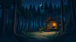 Make a night scene where dense forest is there and there is a hut in the middle of forest make it horror cartoon make a path in the middle of a forest