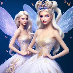 fantasy fairy with transparent wings, smiling, make up, long platinum blond hair with crown and flowers, arcoris dress