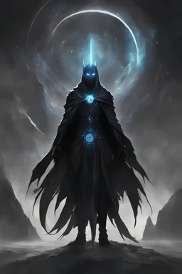 character design, concept art, god of black hole, space void black hole god entity, black void body, glowing eyes, cape of stars, black hole character design