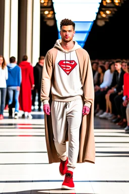 A guy on a fashion runway with Kryptonian Superman street wear Clothes in neutral colors