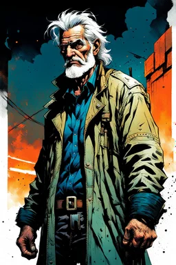 create a full body portrait illustration of a an aged grey haired, raggedly dressed, post apocalyptic, skid row derelict , with highly detailed and deeply cut facial features, in the comic art style of FRANK MILLER and BILL SIENKIEWICZ, searing lines and forceful strokes, precisely drawn, boldly inked, with gritty textures, vibrant colors, dramatic otherworldly lighting