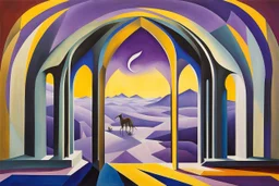 a surreal open gothic_arab gate in a glass wall with a view of a desolate landscape, thick fog,storm, by artist "Leonora Carrington",by artist "Zaha Hadid",by artist "Escher",These colors are bold, vibrant, and intense, including shades of colors such as purple, blue, and yellow.