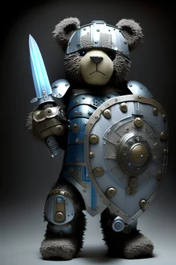 scary robot teddy bear, warmade, shield and sword, half shown mecanic parts