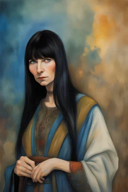 Lenore Nimoy, Long, straight, black hair, blue eyes - multicolored watercolor stained wall in the background, in the art style of Boris Vallejo, Frank Frazetta, Julie bell, Caravaggio, Rembrandt, Michelangelo, Picasso, Gilbert Stuart, Gerald Brom, Thomas Kinkade, Neal Adams - professional quality studio 8x10 UHD Digital photograph by Scott Kendall - paint splattered wall in the background, multicolored overhead spotlight, Photorealistic, rea