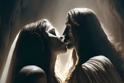 virgin girls and Jesus Christ flirtatiously kissing picture, rich in detail. They were loosely dressed. They are very much in love with Jesus On the edge of the abyss, where the eternal abyss is and everything is embraced around them by beings of light. There are also ape-men and big black shadows with hoods and stoles. 4K Blurred image of Jesus with a monkey head