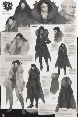 A dnd character sheet. A woman dressed for the cold north dressed in dark furs, with black hair. Death cleric wearing a mask, female woman girl