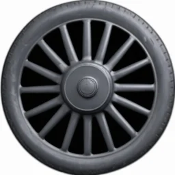 isolated image of a spoked steel wheel(black) from a steam train. vignette of just the wheel, photorealistic