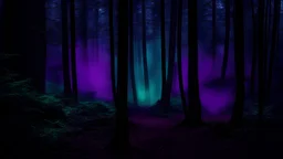 eerie forest with purple green and blue smoky lights in the distance