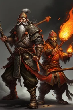 a viking figther a samurai. both wield a flamethrower