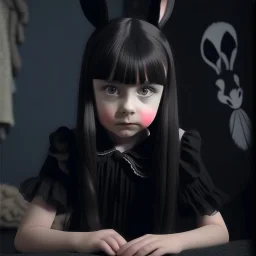 Cute wednesday addams as a child, braids, a frange, with a black rabbit, polaroid, 1970s, empty black room, no emotion on her cold face