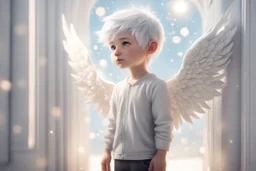 A silver-haired, balding chibi angel boy stands in front of a sparkling white room wall, gazing eagerly at it in sunshine, ethereal, cinematic postprocessing, dof, bokeh Weight:1 detailed matte painting Weight:0.9