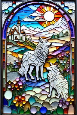 3D debossed textured ethereal image; very colorful style, bright and vivid hues, contrast, Jesus with a staff stands with one wolf and one lamb on a hill gazing down at a small village; stained glass, agate with copper foil highlights, silver foil lametta; springtime, flowers, meadow, sunshine, pearls, sequins, faceted gems, beads, glitter, luminous color sparkles, sharp, smooth, depth of field 3D embossed textured ethereal image; very colorful