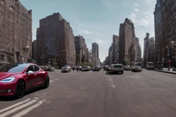A Tesla 'Model Y' is racing at top speed, near the Flatiron Building in Manhattan. (CINEMATIC, WIDE ANGLE LENS, PHOTO REAL)