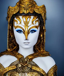 A close up portrait of a beuatiful goddess dressed in white and gold armour