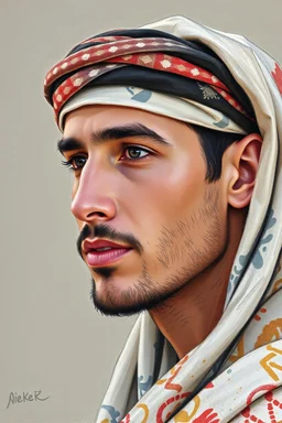 A young Palestinian man, forty years old, wearing a keffiyeh, his face is beautiful, his face is turned to the right, his eyes are looking to the left, he appears to be drawn with oil paints