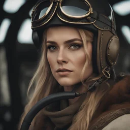 A nordic woman viking in a biplane, top gun style, inspired by Paul McGuigan and Joss Whedon, detailed face features, perfect eyes, war time, cinematic, 8k, hyperrealistic, striking, intricate details, Broad Lighting, Macro lens, tantalizing, very refined, eye-catching, magnificent, stunning, irresistible, enchanting, trendy, delightful, majestic, divine, sublime, ((masterpiece, best quality, highres, award-winning))wooden house in the village morning dawn mist