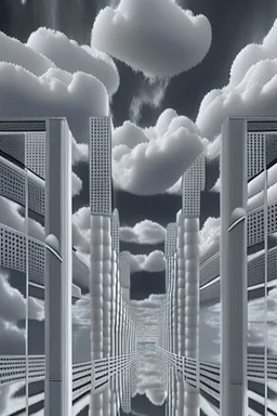 a bridge which has white clouds, in the style of futuristic digital art, grid formations, hall of mirrors, black and gray, photorealistic fantasies, multilayered dimensions, frontal perspective