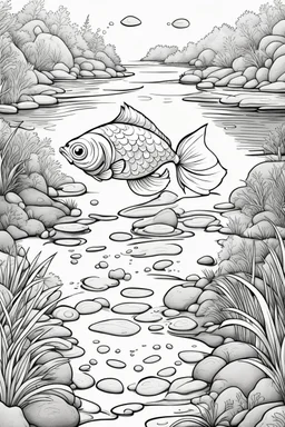 coloring page, fish in a creek, cartoon style, thick lines, low detail, no shading