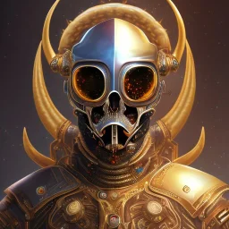 hunter Galaxy treasure moon portrait robotic bloody evil theeth body details 16k warrior gold body dark horn metal silver hybrid Gold Reckt Powerful