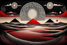 Pointillism style with black-red ink surreal abstract landscape, standing and floating geometric shapes, circles, ovale and squares with overlapping shadows, and reflections in iced-desert scene, dark complementer colours, surreal sky, lightning, detailed, masterpiece