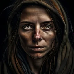 A photorealistic portrait of a stunningly beautiful woman without make-up, extremely detailed light hazel eyes, detailed symmetric realistic face, natural skin texture, extremely detailed skin with skin pores, peach fuzz, messy hair, wearing a shawl over her head, masterpiece, absurdres, award-winning photo by lee jeffries, Nikon d850 film stock photograph, kodak portra 400 camera f1.6 lens, extremely detailed, amazing, fine detail, rich colors, hyper-realistic lifelike texture, dramatic lightin