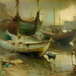 abandoned boats, Alphonse Mucha , Yves Tanguy