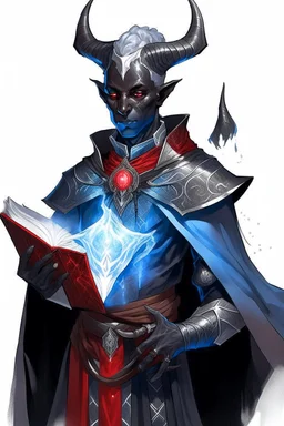 En Young male black skin tiefling fra dnd holding a book with Arcane Magic in a silver and White Rope and a silver cloak. His horn a perfectly place on acet from the front to the back pointing upwards with glowing Red cat Eyes glowing Blue Arcane Magic around them ice crystals flowing around him. His close is elegant get simple. Holding an ice Crystal in his Right Hand. In adorable little catfamilier with Wings flying behind him