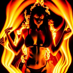 woman made of fire, fire angel, fire clothes, full body portrait, long flowing hair, only wearing bikini made of fire, highly detailed, real life photo, photo quality, extremely detailed, high quality, standing in fire, highly detailed face with makeup