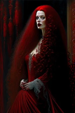 In the foreground there stands a stunning American woman whose visage is adorned with a full sumptuous coat of red lipstick and her long flowing locks are a deep and rich shade of darkness Her garment is an elegant and refined medieval evening gown the hue of which skews towards a bewitching shade of red and its texture is that of a fine and delicate lace Behind her the setting is a warm and inviting space illuminated primarily by the soft flickering glow of candles and punctuated by the presenc