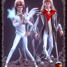 david bowie, white owl feather fancy clothes, Jim Henson's The Labyrinth, Jareth the goblin king, crystal ball in hand, wearing spandex grey leggings with a crotch bulge