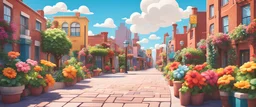 Background: sidewalk in a fun colorful city on a bright sunny day landscape, clouds, plants, paved sidewalk, cartoon asset, clean Details: large colorful flowers potted, bricks, quirky cartoon graphic buildings. Camera: frontal angle, 45°, 35 mm. Lighting: high noon sun, LED lights.
