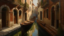 A hyper-realistic oil painting of a narrow Venetian canal with boats and buildings in the background, dappled lighting, brushed strokes capturing the play of light and shadow