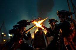 bad ass nerd pirates fighting like crazy in the style of Fallout 4 , bokeh like f/0.8, tilt-shift lens 8k, high detail, smooth render, down-light, unreal engine, prize winning