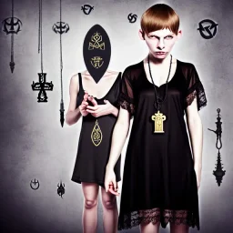 Realistic photo Russian shorthair tomboy with black magic evil forces amulet on the neck boyish face men's look boys face boylike in lacy girlish nightgown in girlish room with amulets of black magic and symbols of evil forces on the wall of the lord of evil and the king of the underworld of evil forces