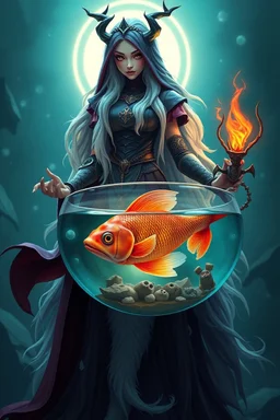 good low poly merman thief priest woman with long fur all over her entire body and bright aura and a nerd magical wizard devil fish in a bowl