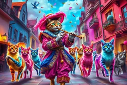 "The Feline Pied Piper of Hamelin, wearing an extravagant, flamboyant Renaissance costume in neon pinks, electric blues, gold and crimson, playing a glowing magical flute, leading a surreal parade of colorful, fantastical cats with glowing eyes and shimmering fur, dancing through vibrant Renaissance streets exploding with color, surreal skies, candy-colored buildings, confetti in the air, astonished townsfolk watching from wildly decorated balconies, ultra-saturated, psychedelic baroque style, e